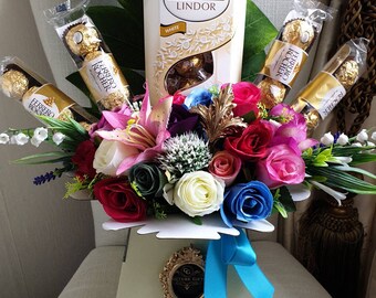 Chocolate Bouquet Rainbow Ferrero & Lindt Cream Silk Flowers/Moulds Gift Hamper