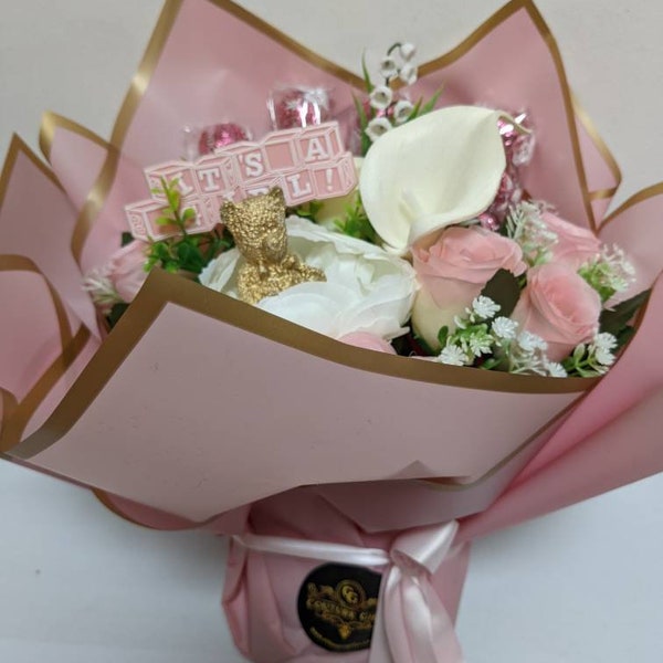 Chocolat Bouquet Attaché à la main Rose Baby Girl S&C Lindt Superbe Silk Flowers Cadeau