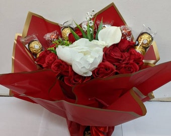 Gran ramo de chocolate atado a mano rojo / crema Ferrero / Lindt impresionante regalo de flores de seda