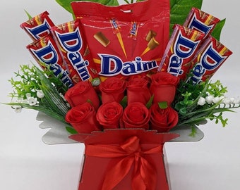 Chocolate Bouquet Red Daim Silk Flowers Gift Hamper