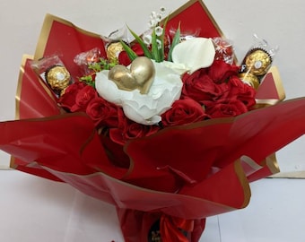 Large Chocolate Hand-tied Bouquet Red/Cream Ferrero/Lindt Valentine's Day Heart Keepsake Stunning Silk Flowers Gift