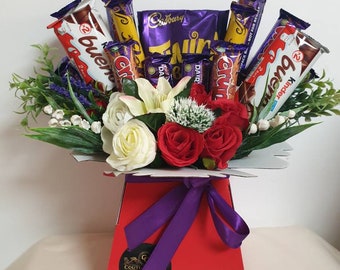 Chocolate Bouquet Red Mixed Cadburys/Kinder Silk Flowers Gift Hamper