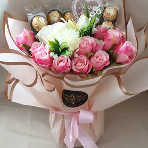 Mothers Day Chocolate Hand-tied Bouquet Pink Ferrero Stunning Silk Flowers Gift
