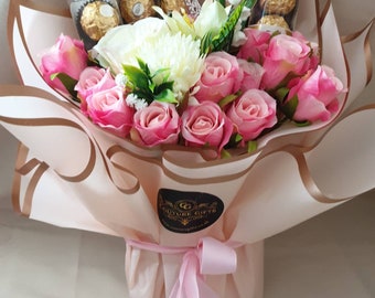 Mothers Day Chocolate Hand-tied Bouquet Pink Ferrero Stunning Silk Flowers Gift