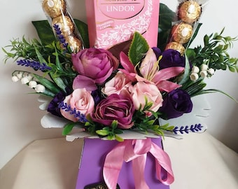 Chocolate Bouquet Pink/Purple Lindt Ferrero Stunning Silk Flowers Gift Hamper