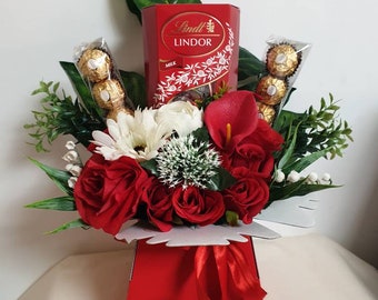 Chocolate Bouquet Red/Cream Lindt Ferrero Stunning Silk Flowers Gift Hamper
