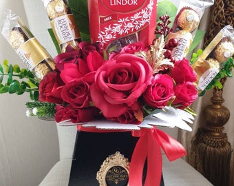 Chocolate Bouquet Red Ferrero & Lindt Cream Silk Flowers/Moulds Gift Hamper