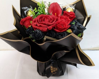 Chocolate Hand-tied Bouquet Ferrero Black/Red Flowers Stunning Silk Flowers Gift