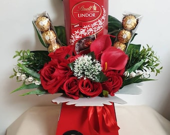 Chocolate Bouquet Red/Lilly Lindt Ferrero Stunning Silk Flowers Gift Hamper