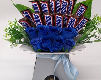 Chocolate Bouquet Blue Snickers Silk Flowers Gift Hamper