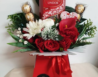 Chocolate Bouquet Red/Cream I Love You Lindt Ferrero Stunning Silk Flowers Gift Hamper
