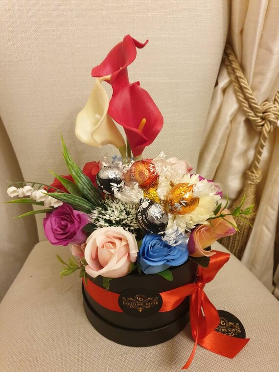 Beautiful Opulent Mixed Lindt Lindor Chocolates Hat Box Silk Flowers Gift