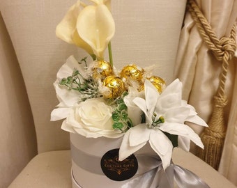 Beautiful Opulent White Lindt Lindor Chocolates Hat Box & Silk Flowers Gift
