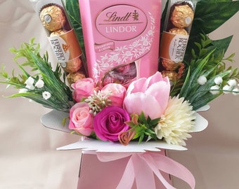 Chocolate Bouquet Pink Lindt Ferrero Stunning Silk Flowers Gift Hamper
