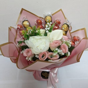 Large Chocolate Hand-tied Bouquet Pink/Cream Ferrero/Lindt Stunning Silk Flowers Gift