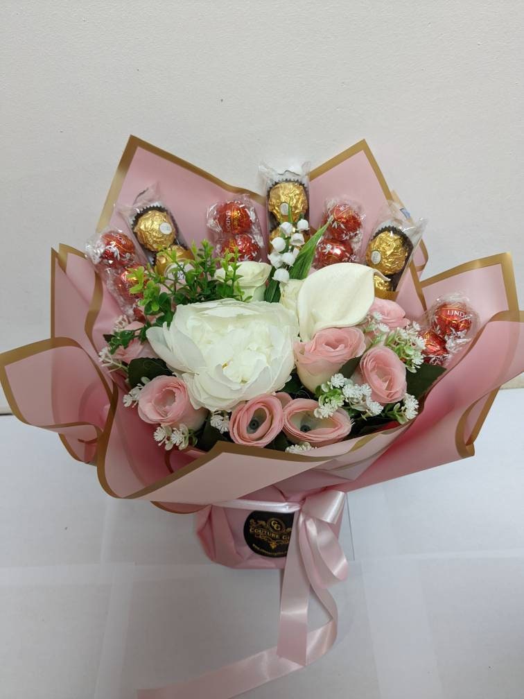Large Chocolate Hand-tied Bouquet Pink/Cream Ferrero/Lindt Stunning Silk Flowers Gift