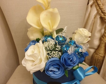 Beautiful Opulent Blue Salted Caramel Lindt Lindor Chocolates Hat Box & Silk Flowers Gift