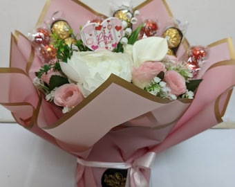 Large Chocolate Hand-tied Bouquet Pink/Cream Ferrero/Lindt Valentine's Day Stunning Silk Flowers Gift