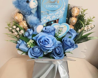 Chocolate Bouquet Baby Boy Blue Salted Caramel Lindt Ferrero Silk Flowers Gift Hamper