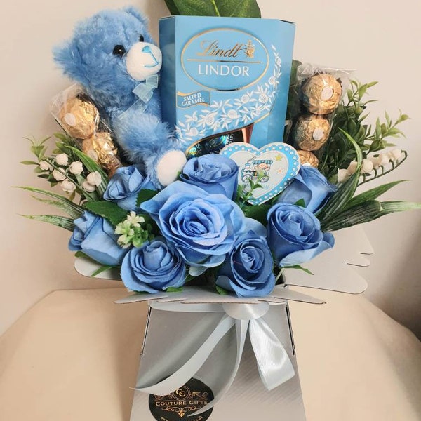 Chocolate Bouquet Baby Boy Blue Salted Caramel Lindt Ferrero Silk Flowers Gift Hamper