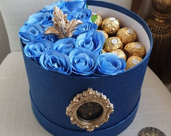 Beautiful Opulent Harrington Blue Hat Box & Ferrero Chocolates Gift