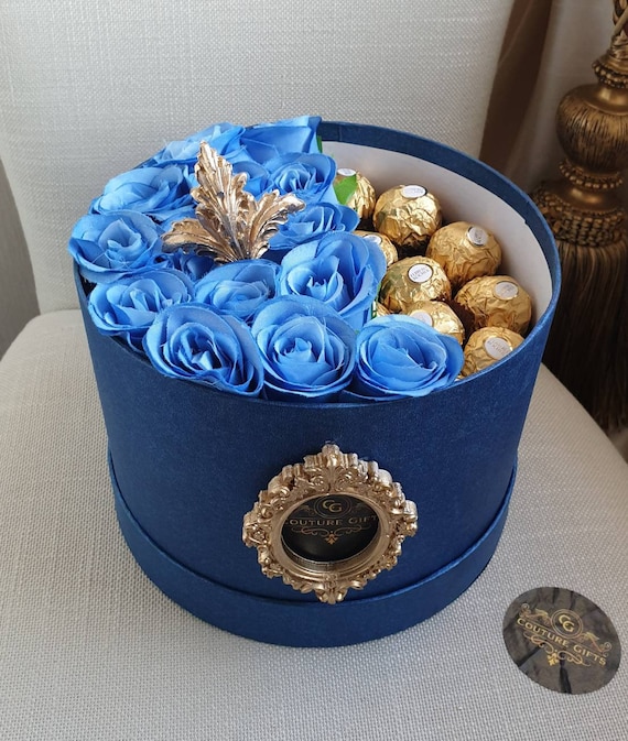 Beautiful Opulent Harrington Blue Hat Box Ferrero Chocolates Gift