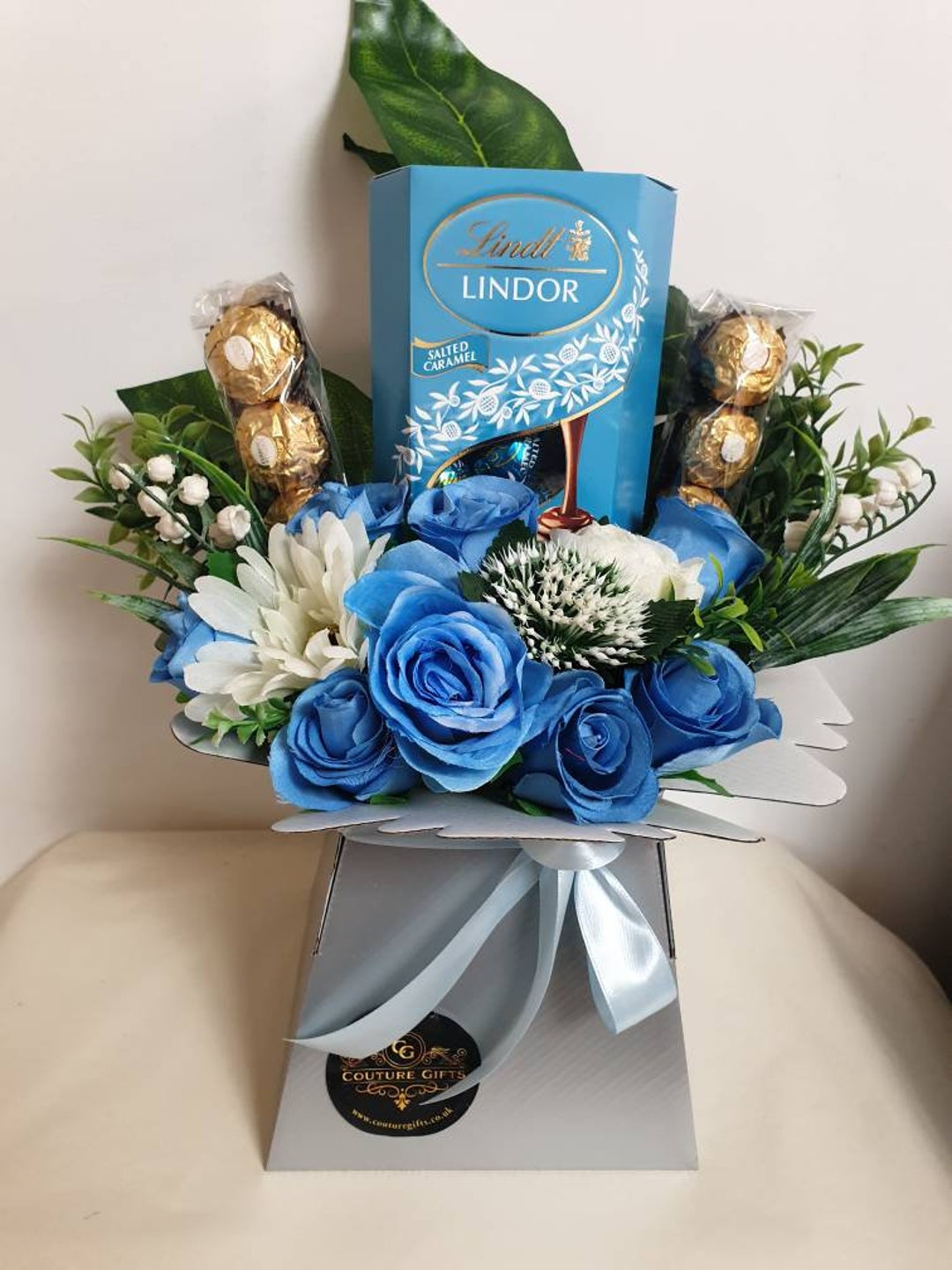Chocolate Bouquet Blue Lindt Ferrero Stunning Silk Flowers Gift