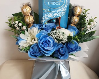 Chocolate Bouquet Blue Lindt Ferrero Stunning Silk Flowers Gift Hamper