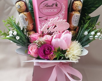 Chocolate Bouquet Pink Mothers Day Lindt Ferrero Stunning Silk Flowers Gift Hamper