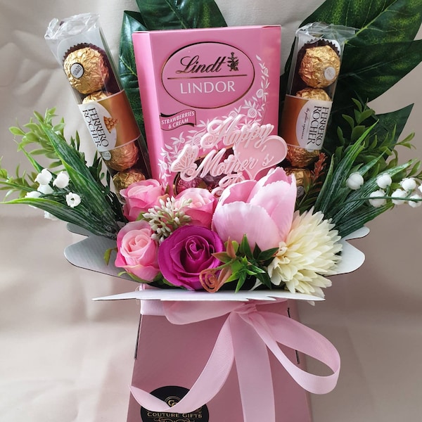 Chocolate Bouquet Pink Mothers Day Lindt Ferrero Stunning Silk Flowers Gift Hamper