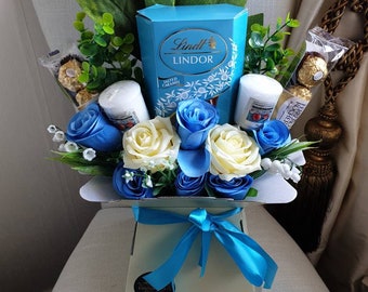 Chocolate Bouquet Blue Salted & Caramel Lindt Ferrero Silk Flowers Yankee Candle Gift Hamper