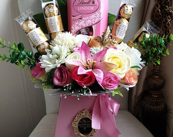 Chocolate Bouquet Ferrero & Lindt Pink Silk Flowers Moulds Gift Hamper