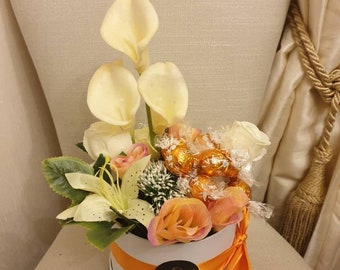 Beautiful Opulent Orange Lindt Lindor Chocolates Hat Box & Silk Flowers Gift