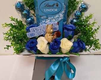 Chocolate Bouquet Baby Boy Teddy Keepsake Blue Salted Caramel Lindt Silk Flowers Gift Hamper