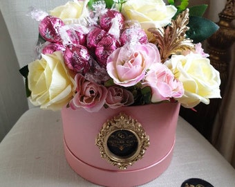 Beautiful Opulent Large Pink Marlborough Strawberries and Cream Lindt Lindor Chocolates Hat Box & Silk Flowers Gift