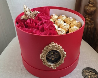 Beautiful Opulent Harrington Red Hat Box & Ferrero Chocolates Gift