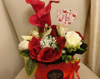 I Love You Valentines Beautiful Opulent Red Milk Lindt Lindor Chocolates Hat Box & Silk Flowers Gift