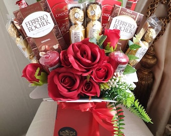Chocolate Bouquet Ferrero Slab & Lindt Red Silk Flowers Yankee Candle Gift Hamper