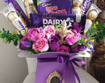 Chocolate Bouquet Ferrero & Cadburys Purple Silk Flowers/Moulds Gift Hamper