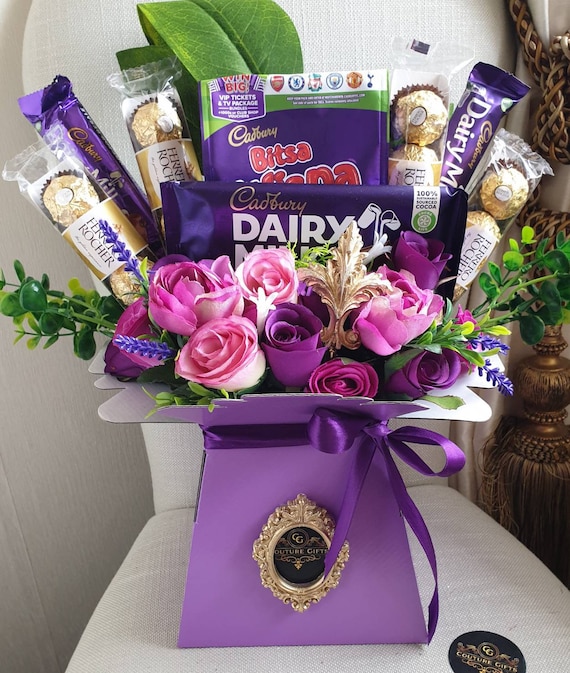 Chocolate Bouquet Ferrero Cadburys Purple Silk Flowers/Moulds Gift Hamper
