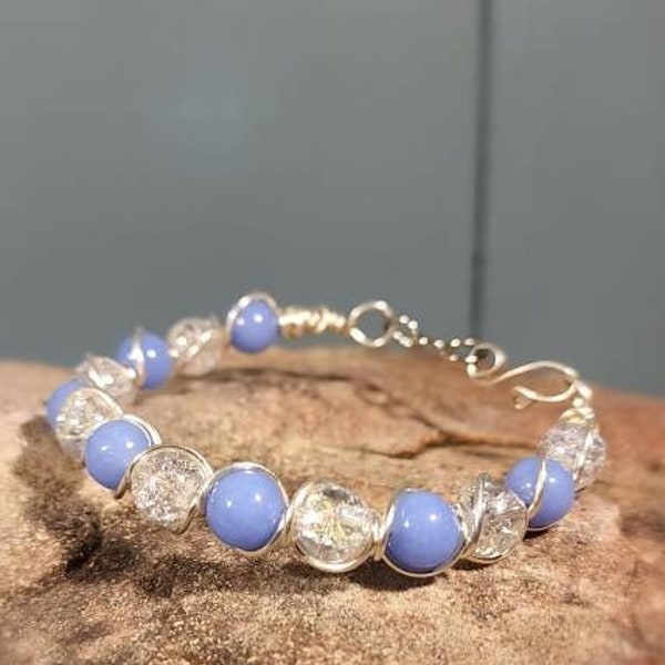 Blue Aragonite & Crackle Quartz Wire Wrap Bracelet Sterling Silver Option **Glows in the dark