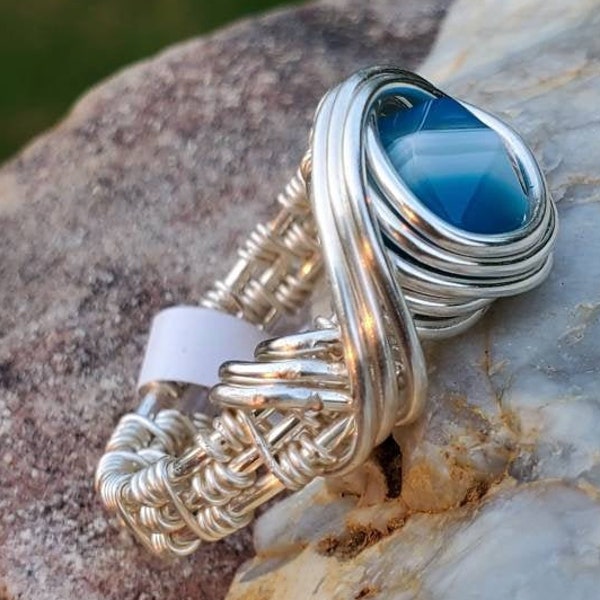 Stunning Star Cut Blue Sardonyx Wire Wrap Ring  also available in purple.