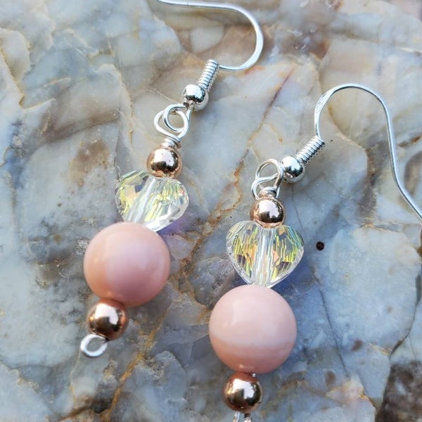Dangley earrings with Queen Conch Shell beads & Swarovski faceted Heart Love crystal beads with Sterling Silver Hooks.