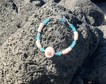 Shiva Eye Shell, Blue Apatite, Hawaiian Puka Shell and Sterling Silver Bracelet