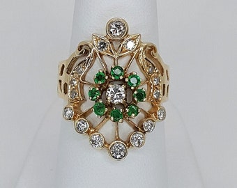 14K Yellow Gold Emerald & Diamond Antique Cocktail Ring