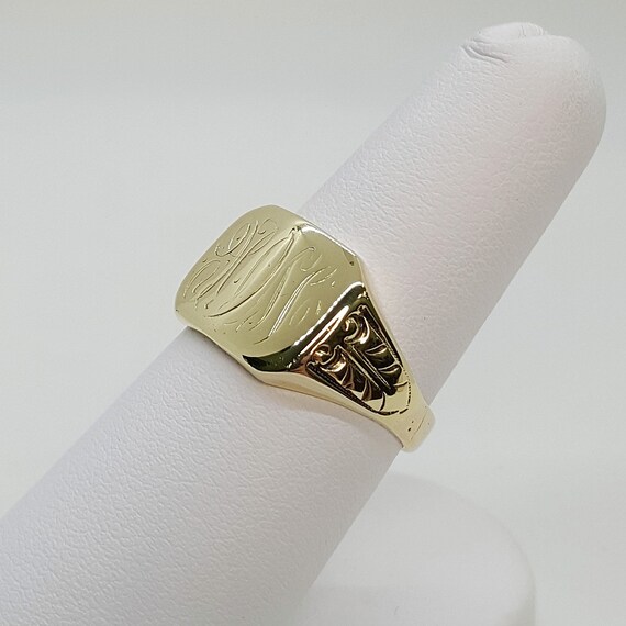 14K Yellow Gold Hand Engraved Antique Signet Ring - image 4