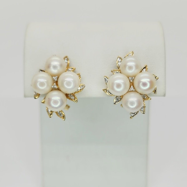 14K Yellow Gold Vintage Pearl Diamond accent Cluster Earrings