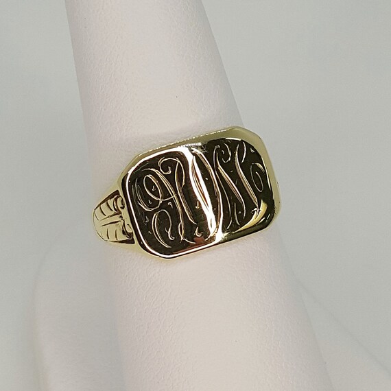 14K Yellow Gold Hand Engraved Antique Signet Ring - image 3