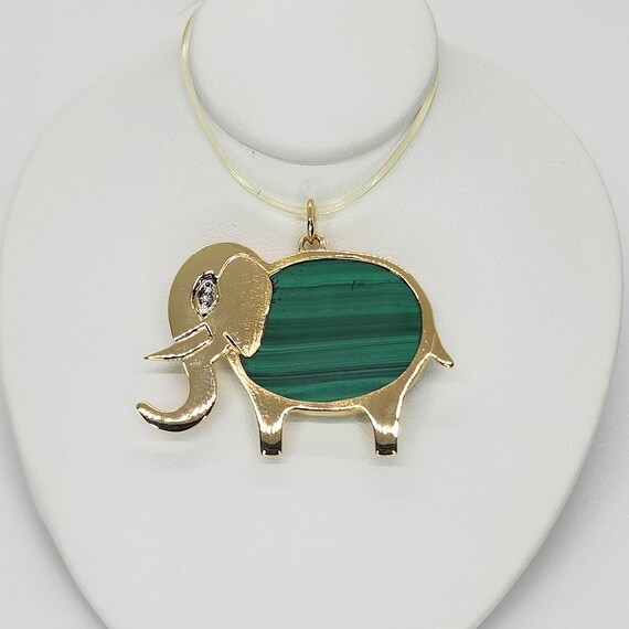 14K Yellow Gold Malachite Elephant Pendant - image 1