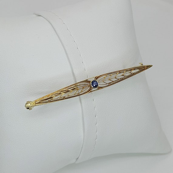 14K Yellow Gold Antique Sapphire Milgrain Bar Bro… - image 3